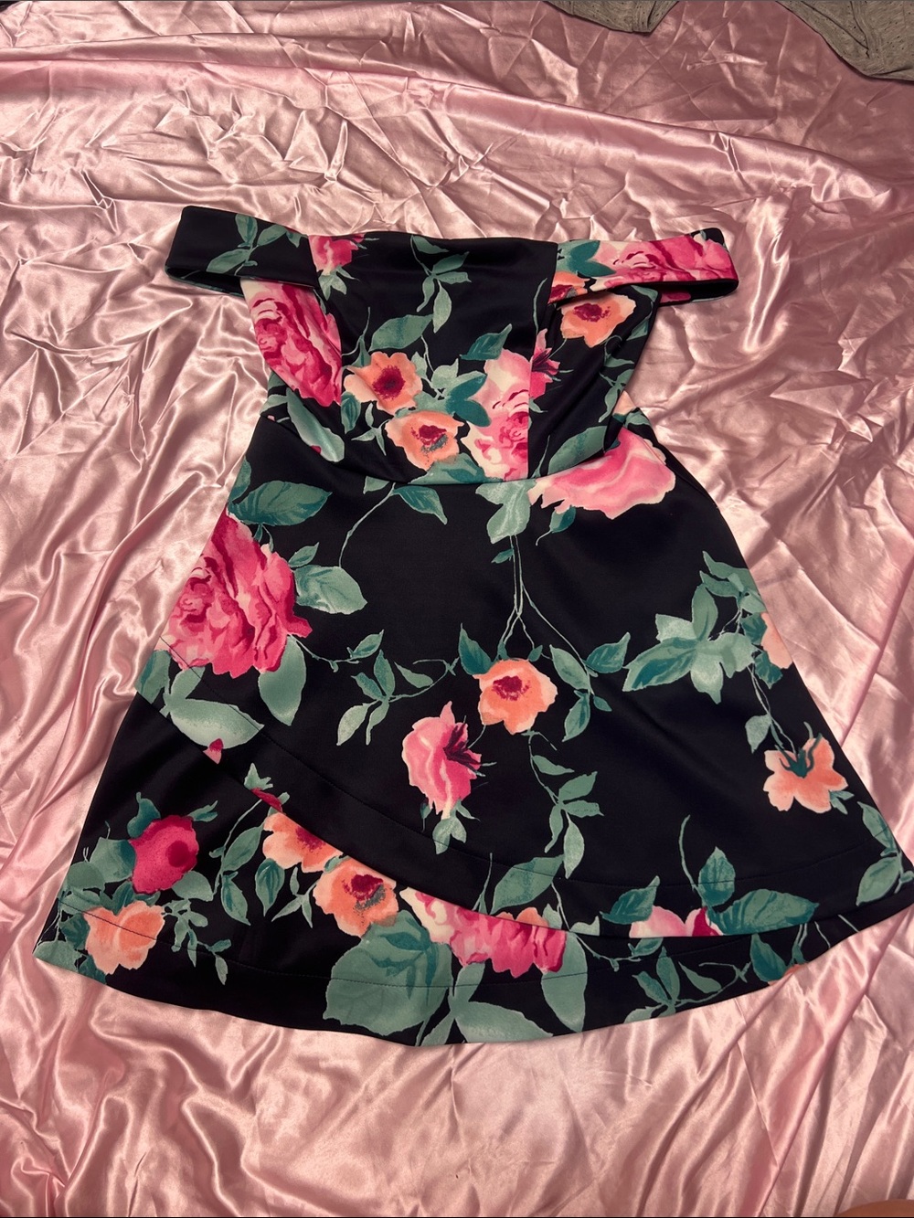 Navy Off-Shoulder Floral Dress with Pink & Green Blooms